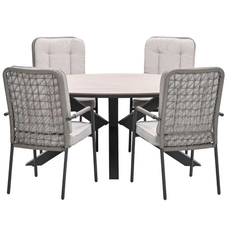 Venice tuinset 5-delig carbon black rope taupe met Edison tuintafel ovaal 180x115 cm light teak vironwood