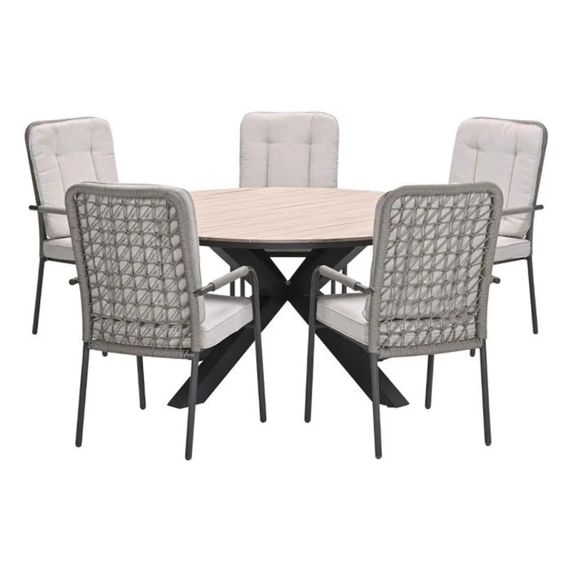 Venice tuinset 6-delig carbon black rope taupe met Edison tuintafel rond 148 cm light teak vironwood