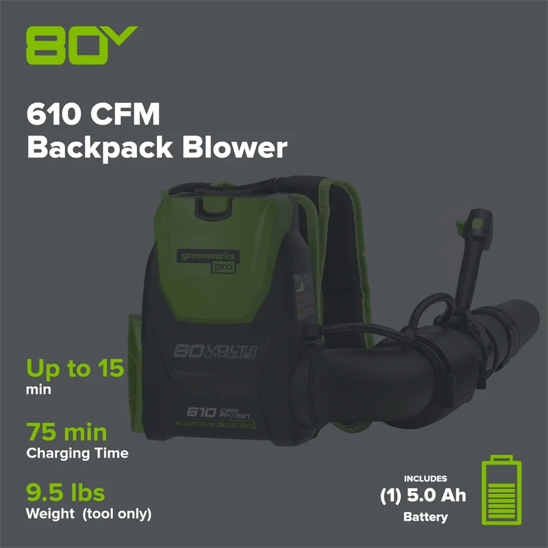 80V 610 CFM Cordless Battery Backpack Blower ,5Ah Battery and Rapid Charger