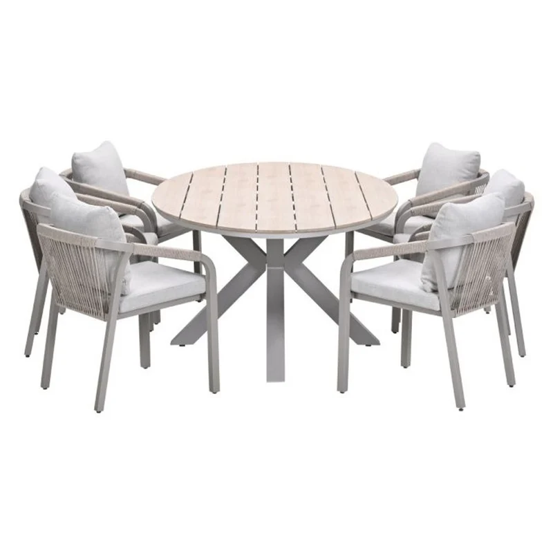 Monti tuinset 7-delig taupe met Edison tuintafel ovaal 220x115 cm light teak vironwood