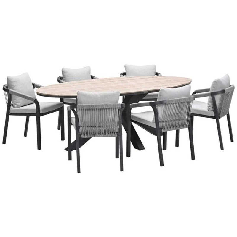 Monti tuinset 7-delig taupe met Edison tuintafel ovaal 220x115 cm light teak vironwood