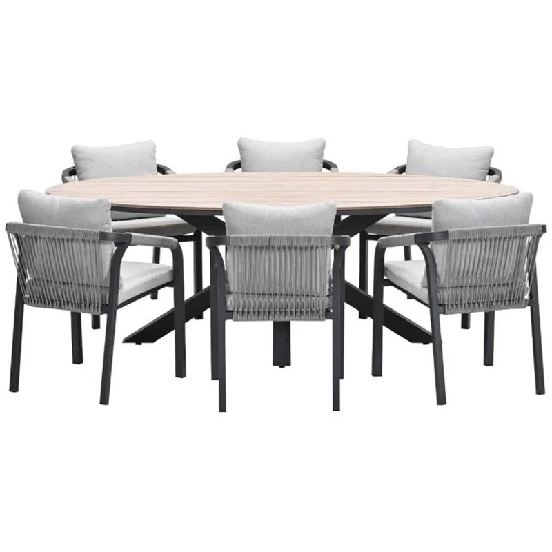 Monti tuinset 7-delig taupe met Edison tuintafel ovaal 220x115 cm light teak vironwood