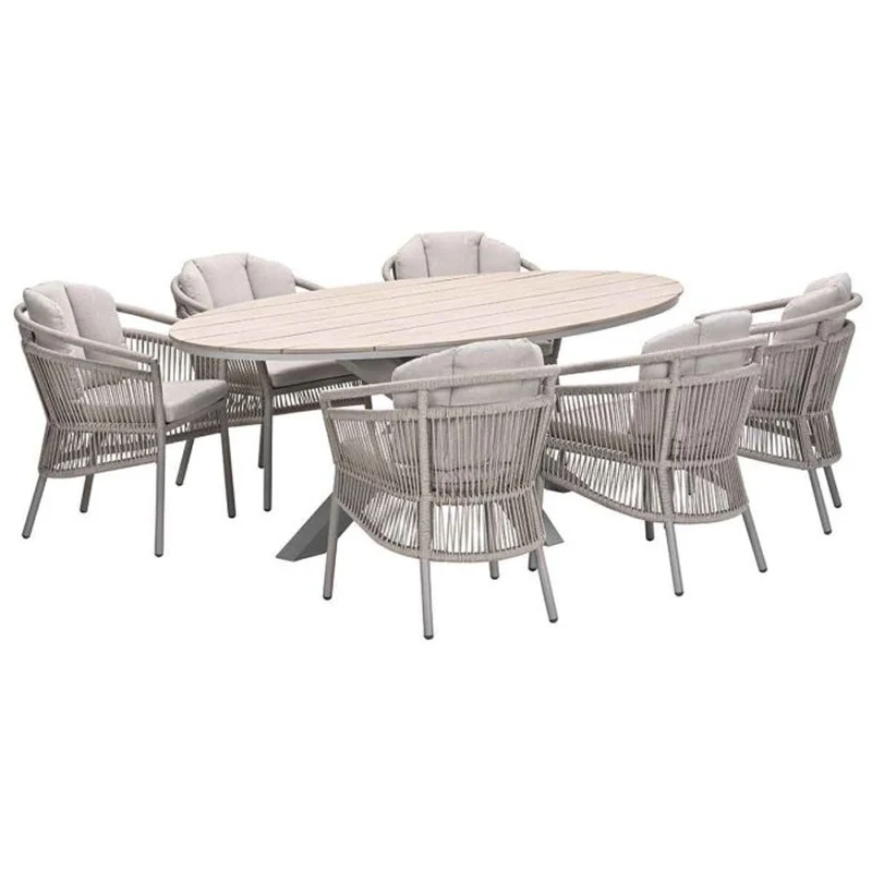 Porto tuinset 7-delig taupe met Edison tuintafel ovaal 220x115 cm light teak vironwood