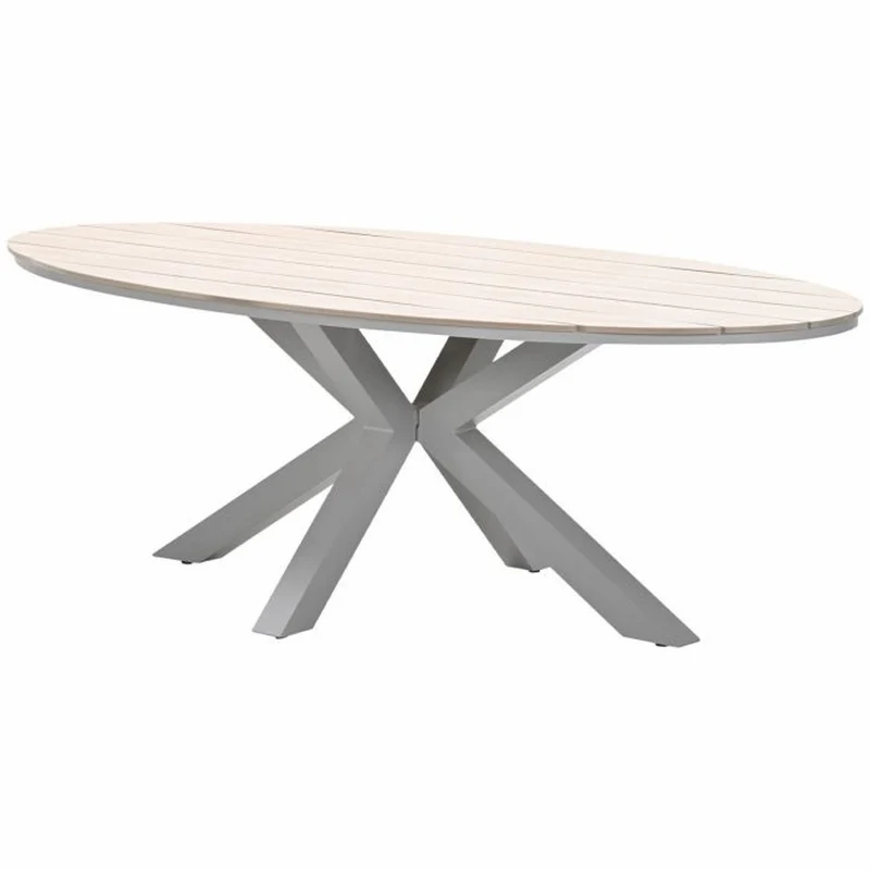 Porto tuinset 7-delig taupe met Edison tuintafel ovaal 220x115 cm light teak vironwood