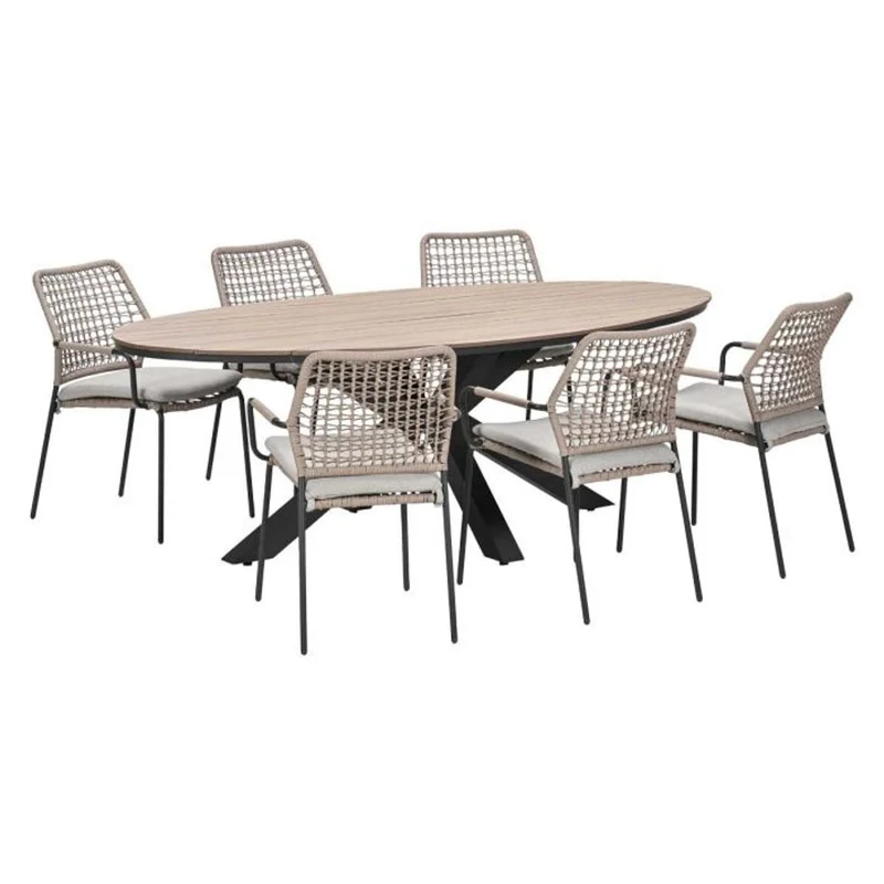 Swifty tuinset 7-delig sand met Edison tuintafel ovaal 220x115 cm bruin vironwood