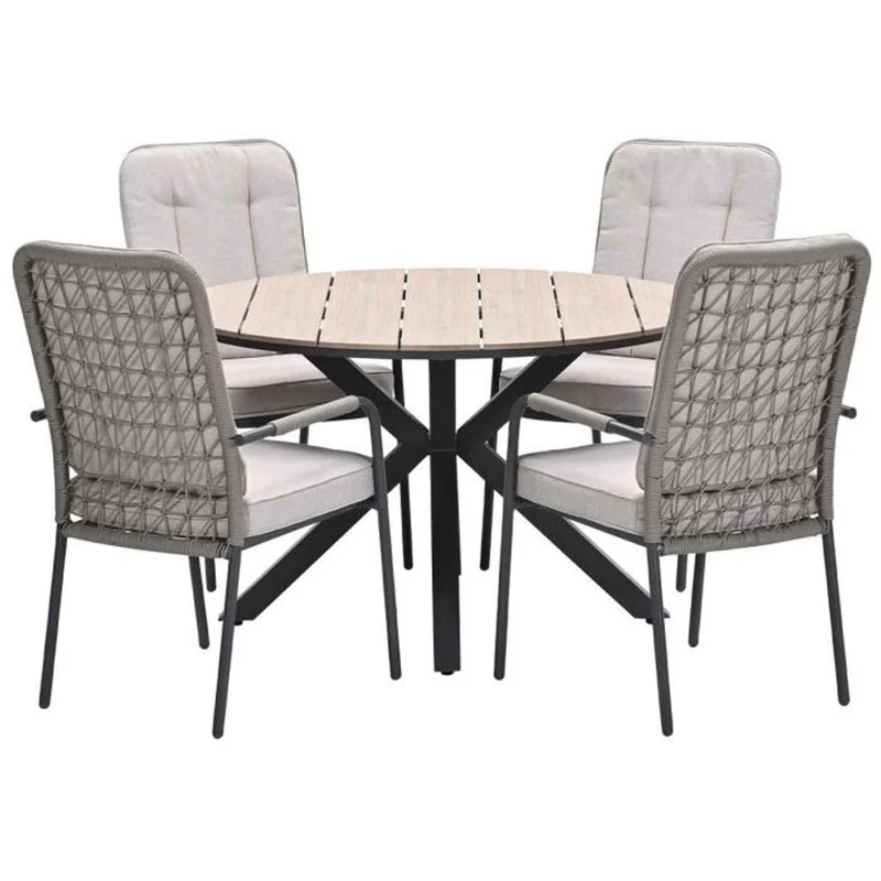 Venice tuinset 5-delig taupe met Edison tuintafel rond 122 cm light teak vironwood