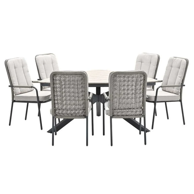 Venice tuinset 7-delig taupe met Edison tuintafel driehoek 170 cm light teak vironwood