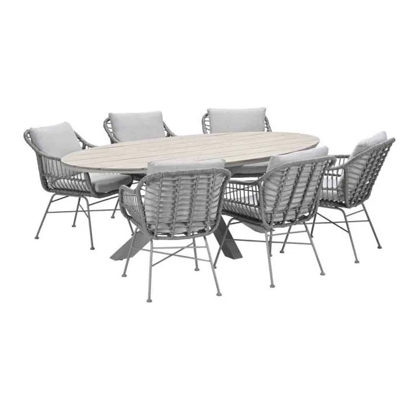 Margriet tuinset 7-delig valley sand met Edison tuintafel ovaal 220x115 cm light teak vironwood