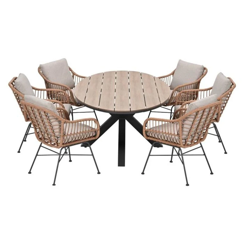 Margriet tuinset 7-delig valley sand met Edison tuintafel ovaal 220x115 cm light teak vironwood