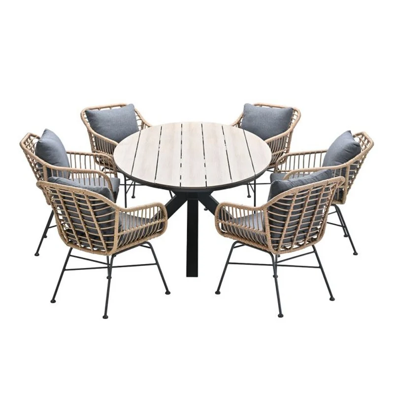 Margriet tuinset 7-delig bruin met Edison tuintafel ovaal 220x115 cm light teak vironwood