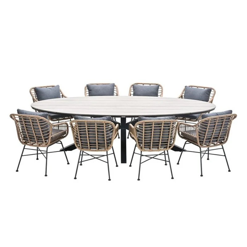 Margriet tuinset 9-delig bruin met Edison tuintafel ovaal 280x140 cm light teak vironwood