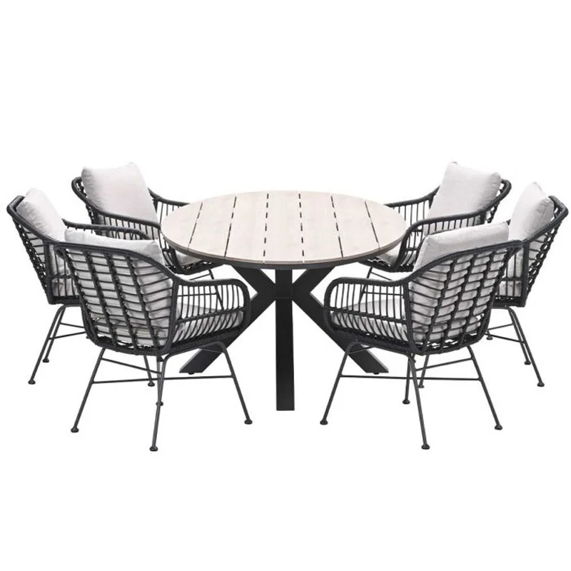 Margriet tuinset 7-delig zwart met Edison tuintafel ovaal 220x115 cm light teak vironwood