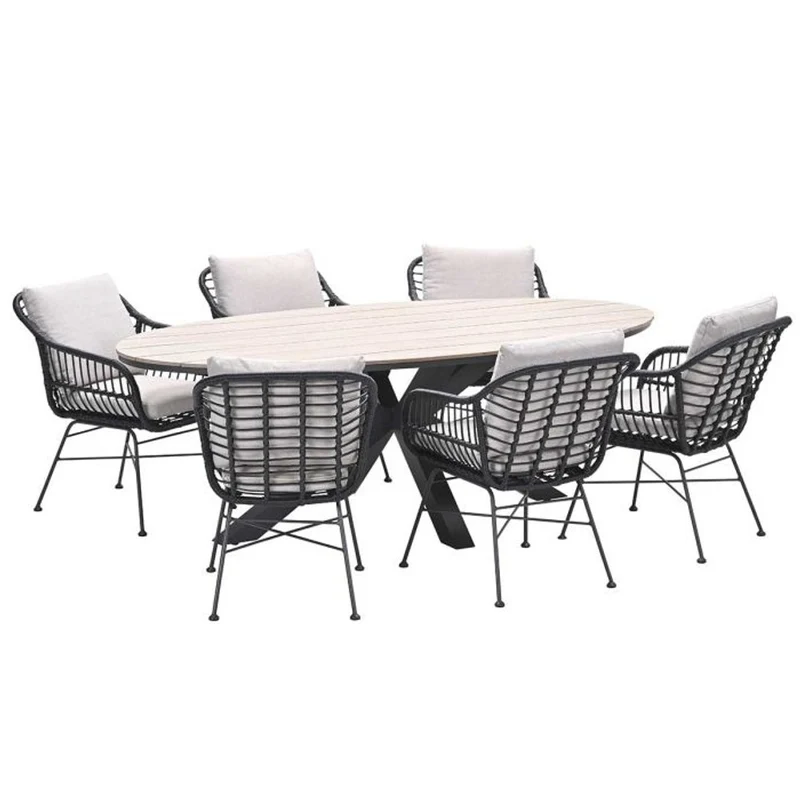 Margriet tuinset 7-delig zwart met Edison tuintafel ovaal 220x115 cm light teak vironwood