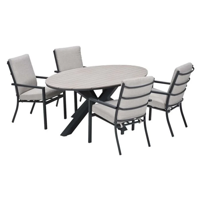 Sergio tuinset 5-delig sandstone met Edison tuintafel ovaal 180x115 cm light teak vironwood