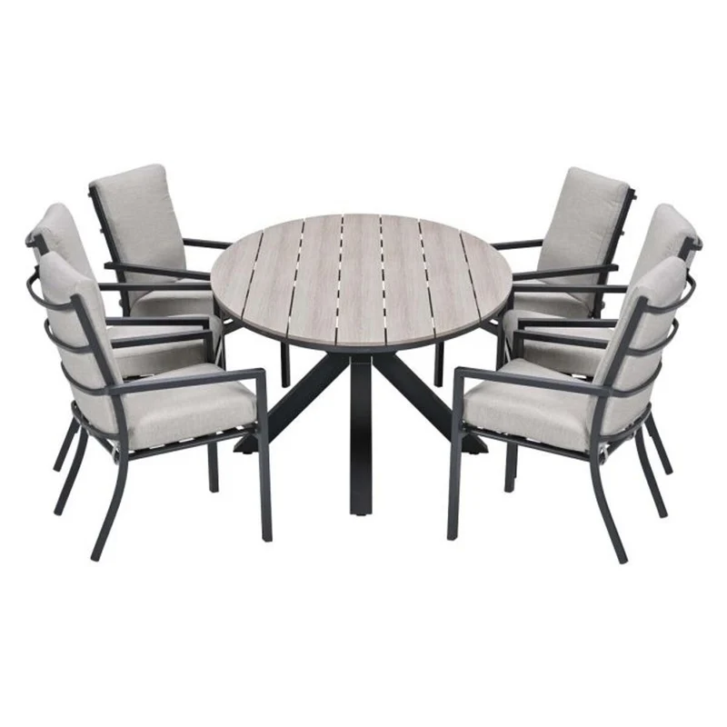 Sergio tuinset 7-delig sandstone met Edison tuintafel ovaal 220x115 cm light teak vironwood