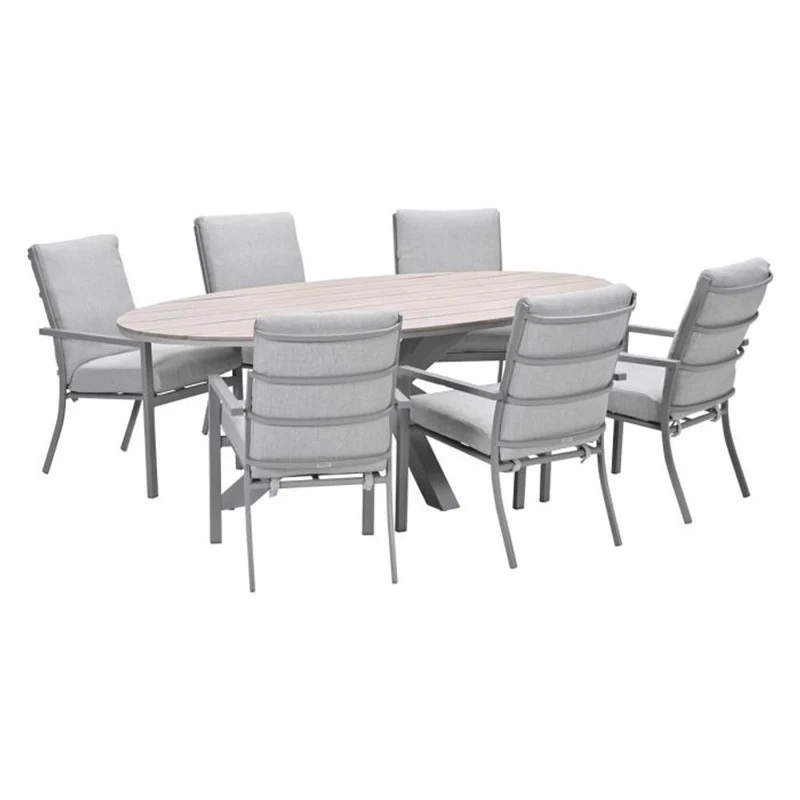Sergio tuinset 7-delig sandstone met Edison tuintafel ovaal 220x115 cm light teak vironwood