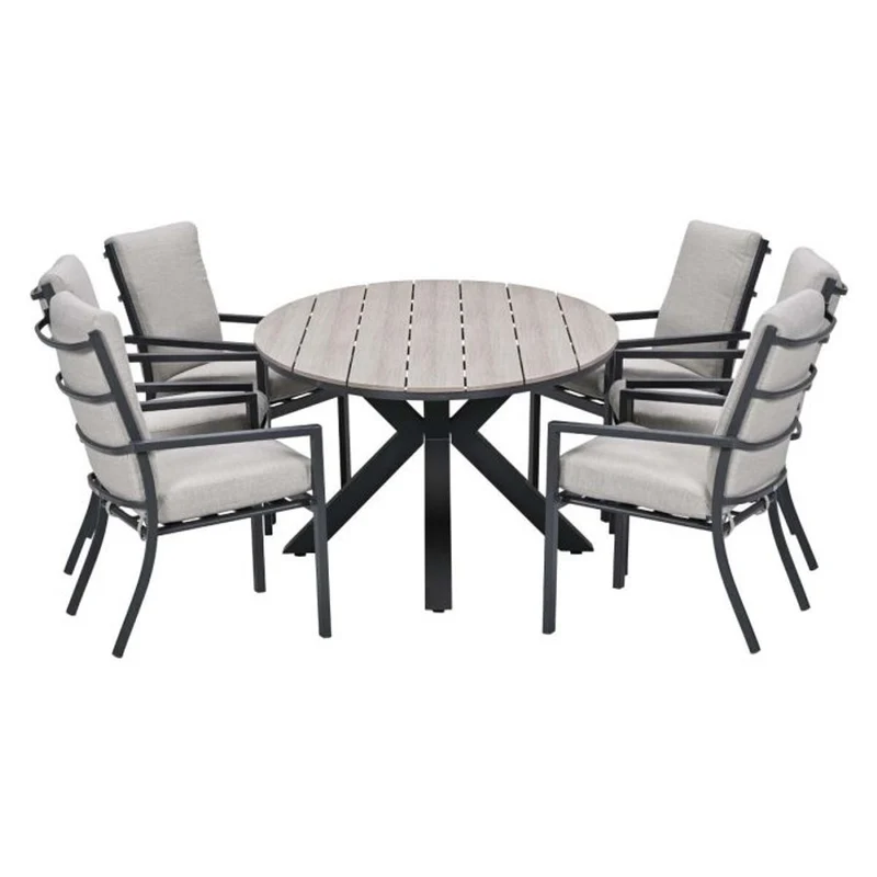 Sergio tuinset 7-delig sandstone met Edison tuintafel ovaal 220x115 cm light teak vironwood