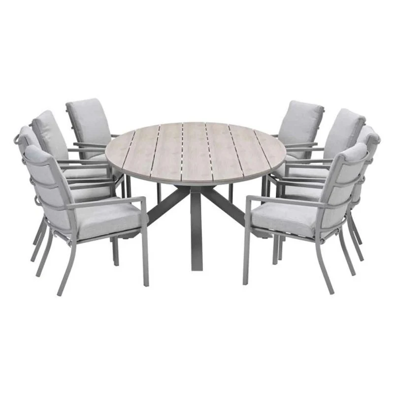Sergio tuinset 9-delig valley sand met Edison tuintafel ovaal 280x140 cm light teak vironwood