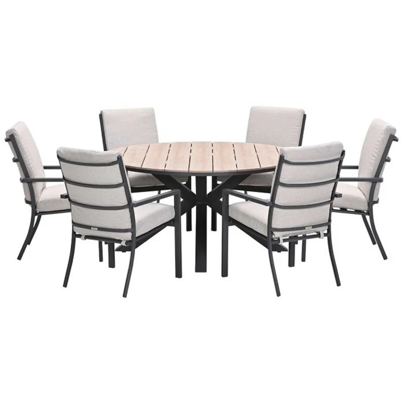 Sergio tuinset 7-delig desert sand met Edison tuintafel rond 148 cm light teak vironwood
