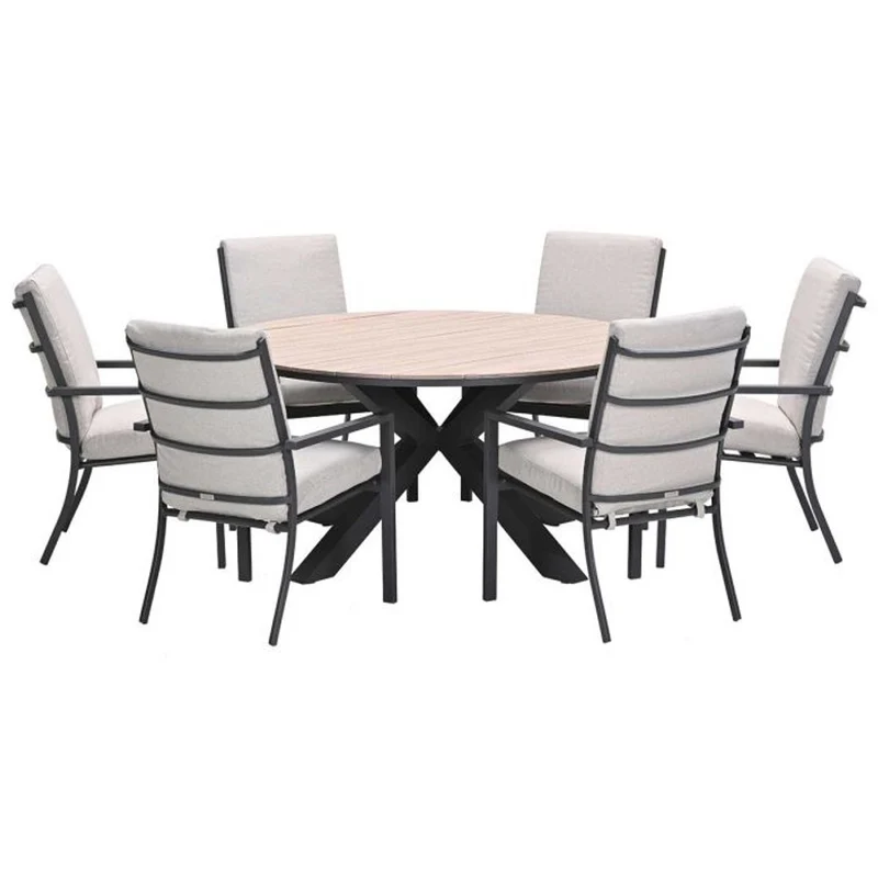 Sergio tuinset 7-delig desert sand met Edison tuintafel rond 148 cm light teak vironwood