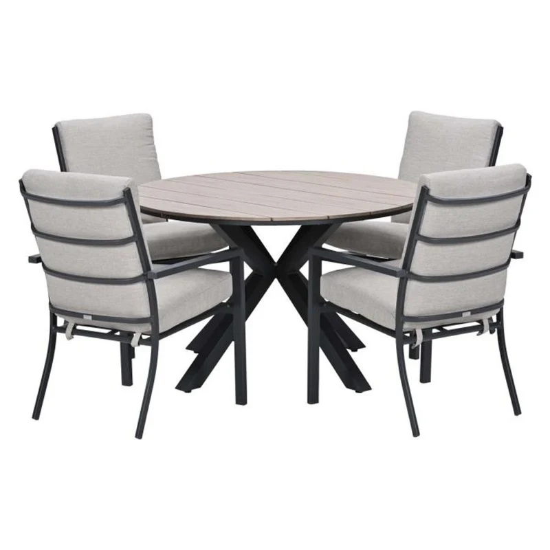 Sergio tuinset 5-delig sandstone met Edison tuintafel rond 122 cm light teak vironwood