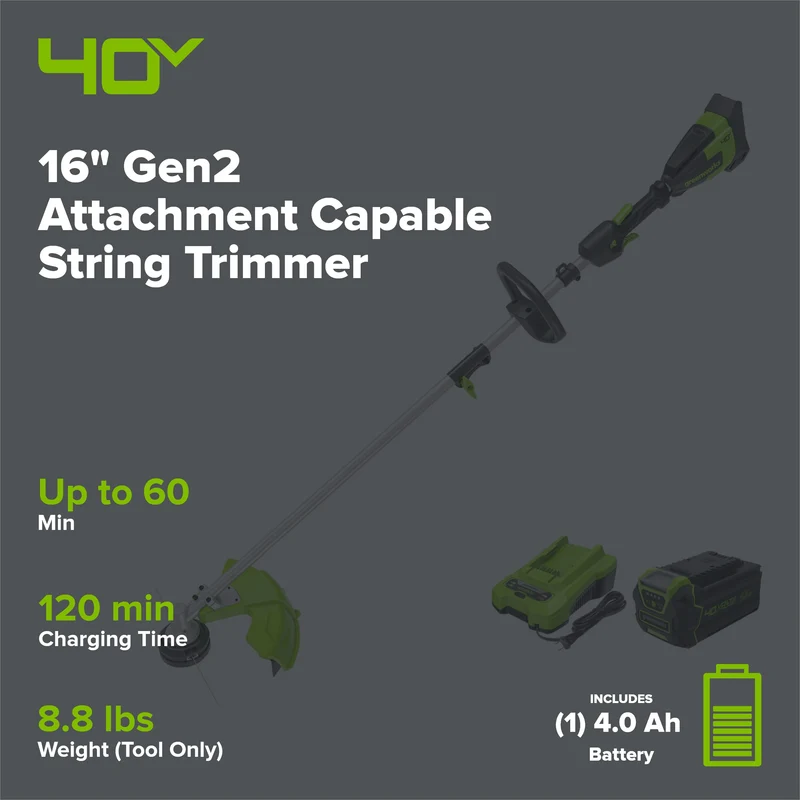 40V 16" Gen2 Attachment Capable String Trimmer, 4Ah Battery and Charger