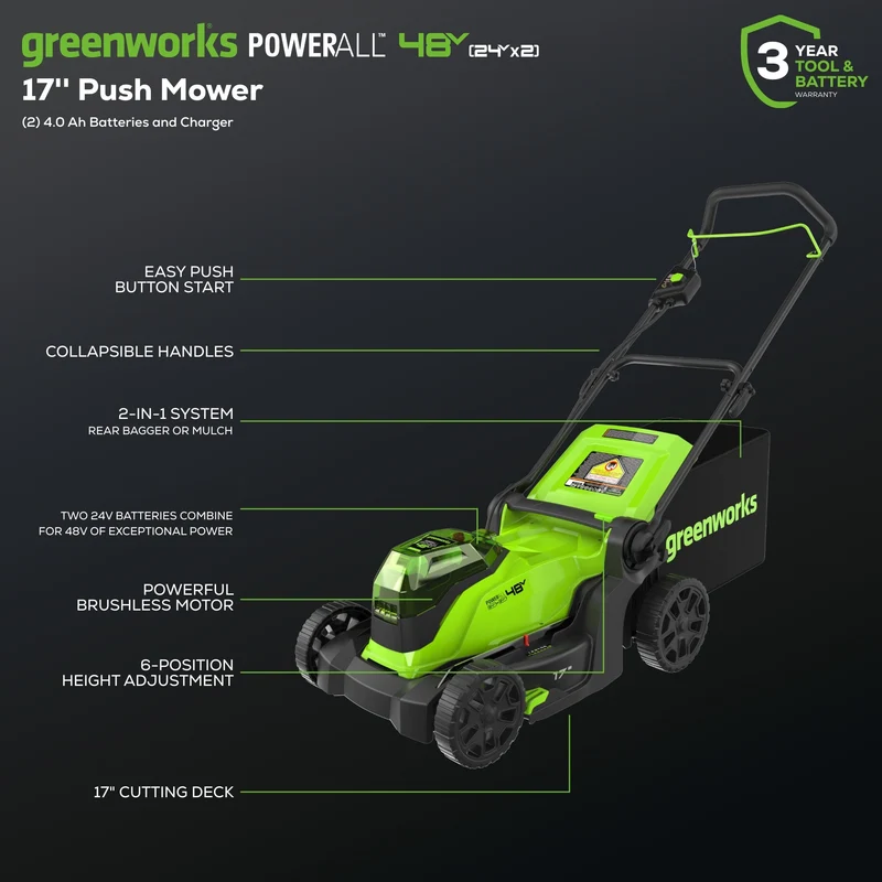 48V (24V x 2) 17" Cordless Battery Push Lawn Mower: (2) 4.0 Ah Batteries and Dual-Port Charger, LM1702