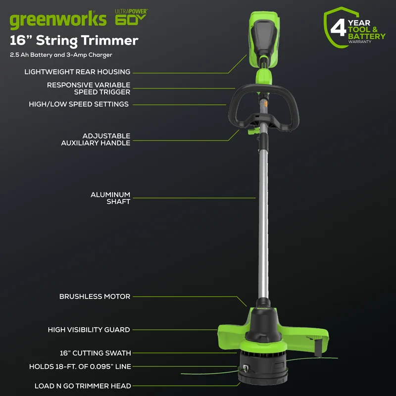 60V 16" Cordless Battery String Trimmer w/ 2.5Ah Battery and 3A Charger