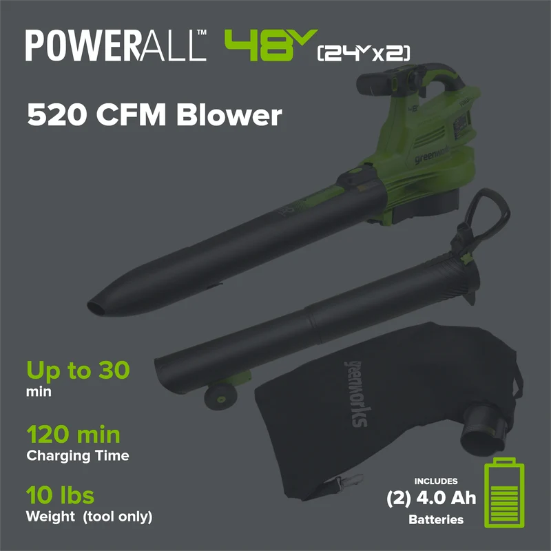 48V (24V x 2) 520 CFM Cordless Battery BL Leaf Blower/Vacuum: (2) 4.0 Ah Battery and Dual-Port Charger