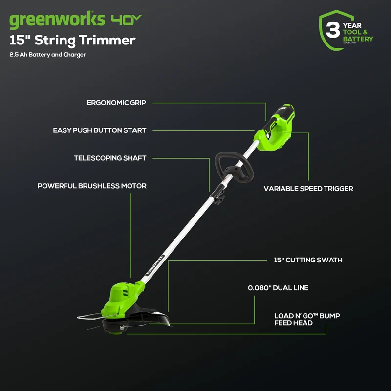 40V 15" Cordless Battery String Trimmer/Blower Combo Kit: 2.5 Ah Battery and Charger