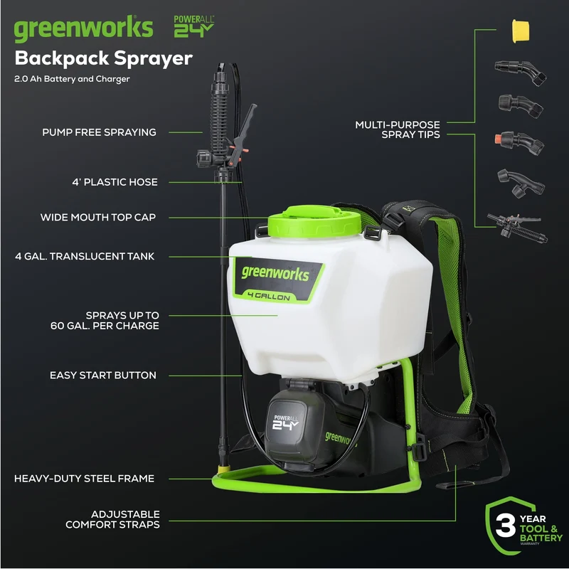 24V Cordless Battery Backpack Sprayer: 2.0 Ah USB Battery and Charger