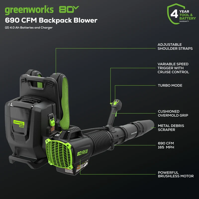 80V 690 CFM Cordless Battery Dual-Port Backpack Blower: (2) 4.0 Ah Batteries and Dual-Port Rapid Charger