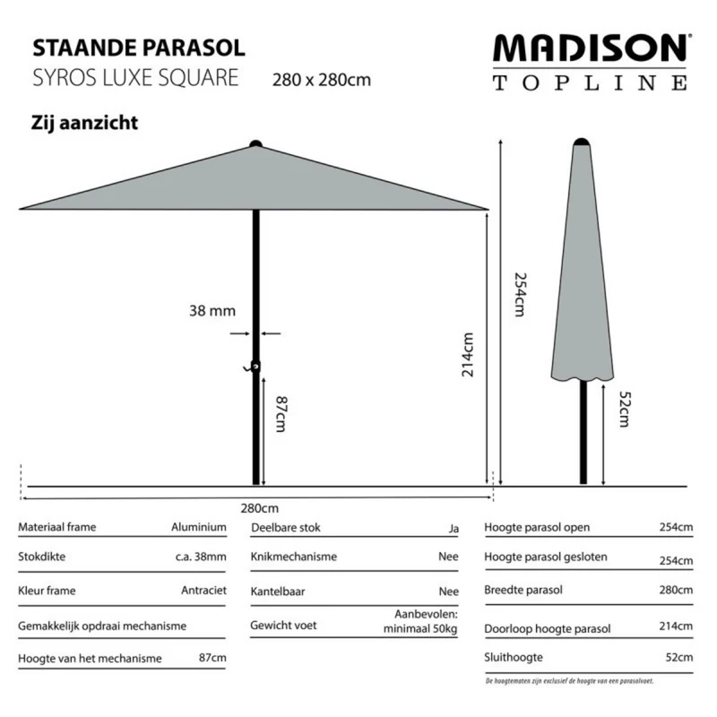 Madison Syros luxe parasol 280x280cm grijs