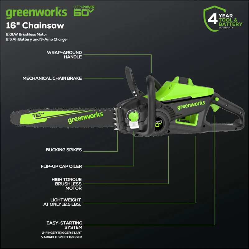 60V 16" Cordless Battery 2.0kW Chainsaw w/ 2.5Ah Battery & Charger