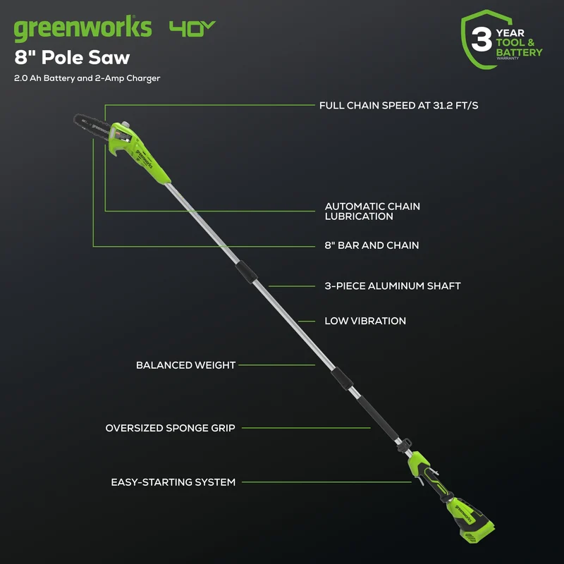 40V 8" Cordless Battery Pole Saw: 2.0 Ah Battery and Charger