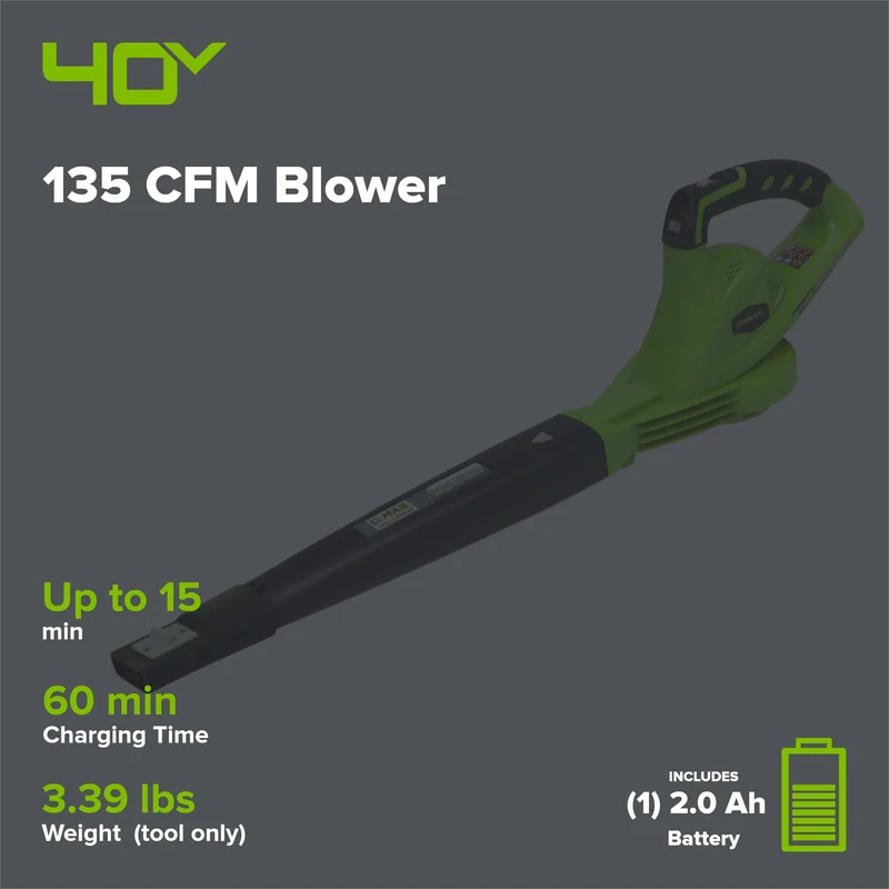 40V 135 CFM Cordless Battery Leaf Blower: 2.0 Ah Battery and Charger