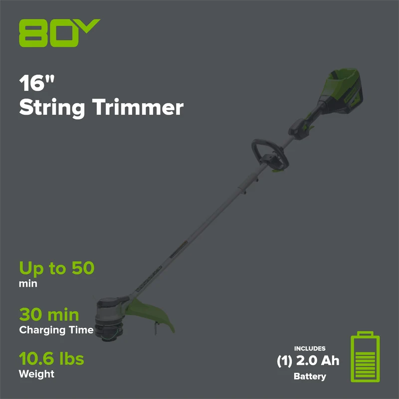 80V 16" Cordless Battery String Trimmer( .095 line) w/ 2.0 Ah Battery & 4.0Amp Charger
