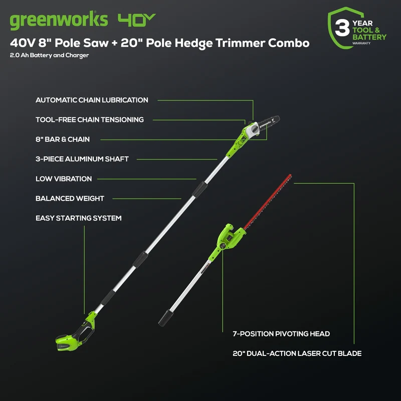 40V 8" Cordless Battery Pole Saw and Hedge Trimmer Attachment: 2.0 Ah Battery and Charger