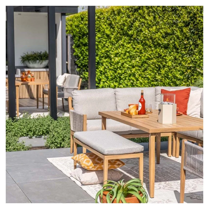 Sardinia lounge diningset 5-delig - Hoekbank - rope zand - teaklook