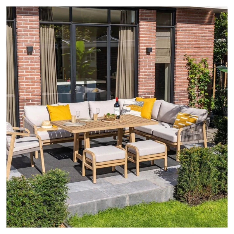 Garden Impressions Santos lounge diningset - 5-delig - LINKS acacia white wash - rope taupe - grey sand