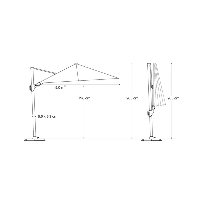 Platinum Sun & Shade zweefparasol Challenger T² Teak look frame, 300x300 Faded black.