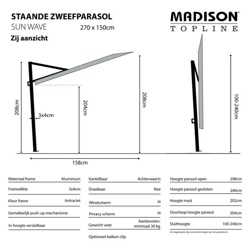 Madison Parasol sun wave 270x150cm grijs