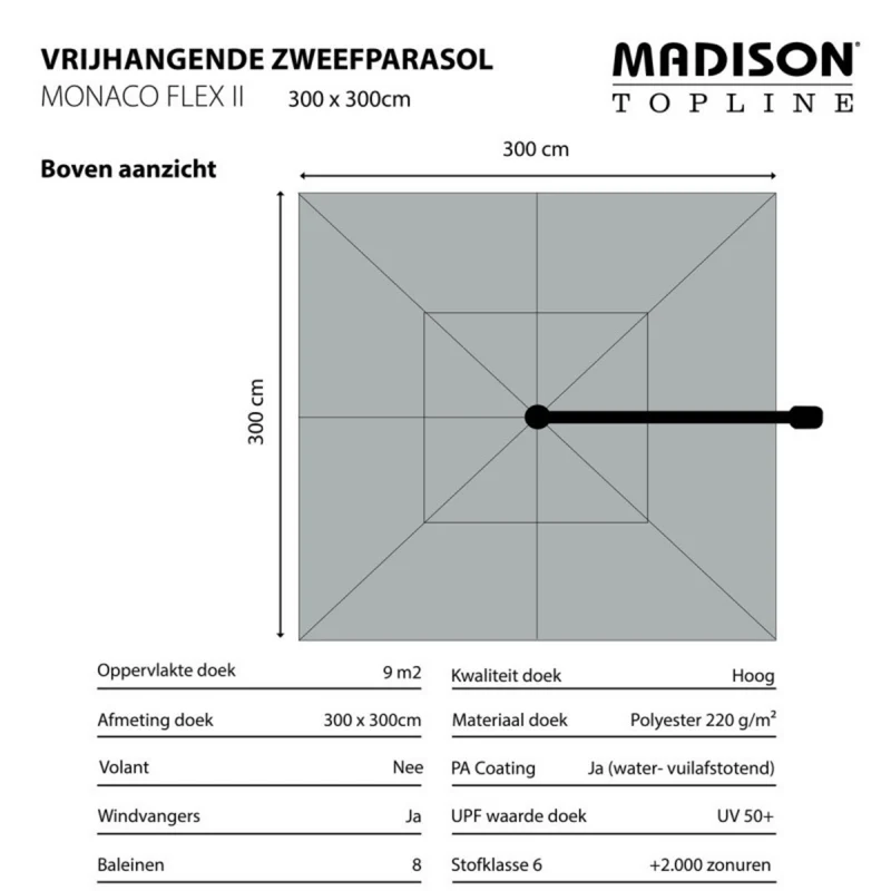 Madison Zweefparasol Monaco flex III 300x300cm Safier blue