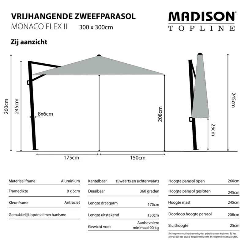 Madison Zweefparasol Monaco flex III 300x300cm taupe