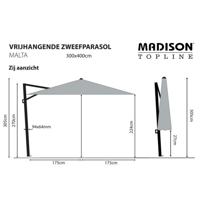 Madison zweefparasol Malta 300x400cm vierkant ecru