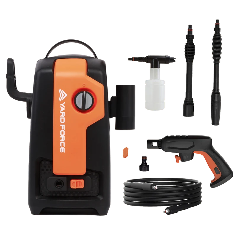 Yard Force 1600W Hochdruckreiniger EW U11E – max. 120 Bar, luftgekühlter Motor, inkl. Schaumsprühflasche & Zubehör, Kompakt & Leicht
