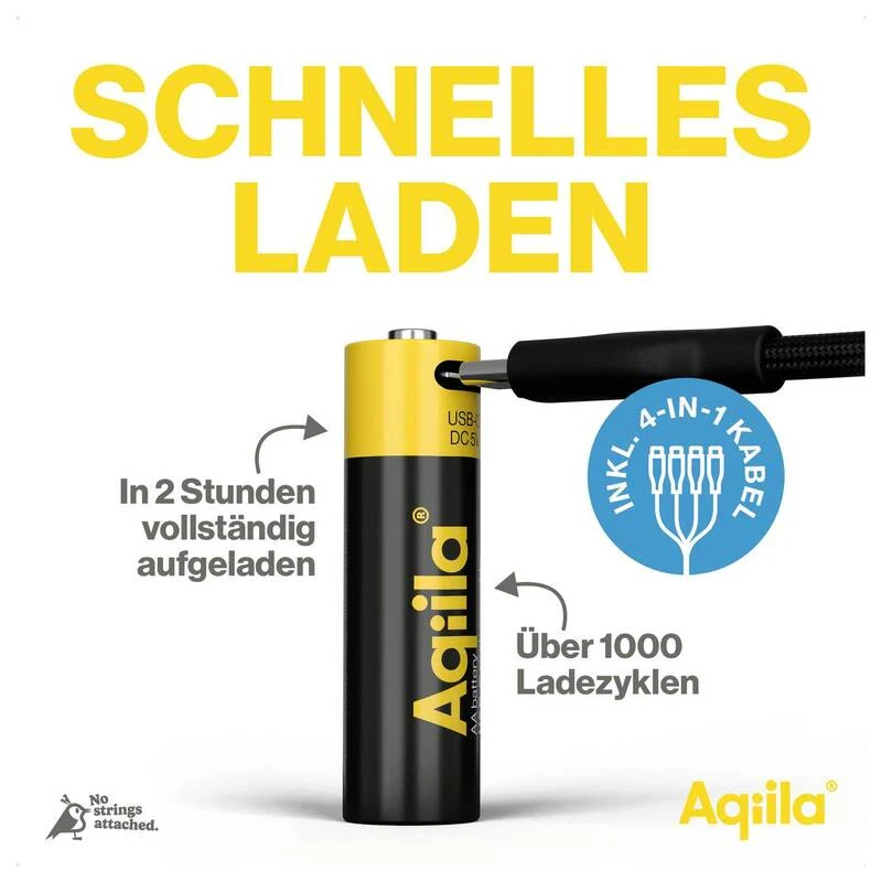 B-Ware Aqiila AA USB-C Akku Li-Ion 2000 mAh 1,5 V wiederaufladbar Energiequelle 4 Stück