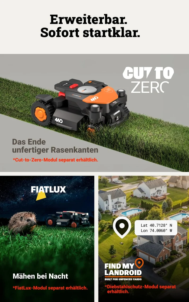 WORX Landroid Vision Cloud WR341E 4WD Mähroboter 1000 m² – Ohne Begrenzungskabel, RTK, 84% Steigung