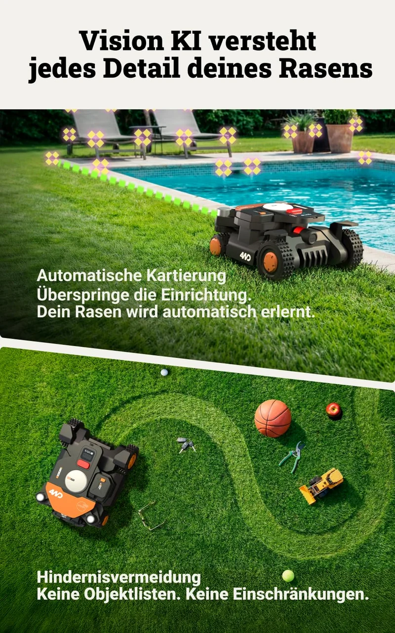 WORX Landroid Vision Cloud WR341E 4WD Mähroboter 1000 m² – Ohne Begrenzungskabel, RTK, 84% Steigung