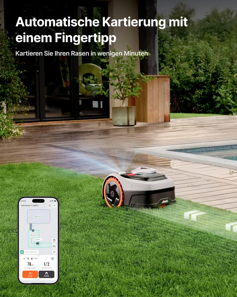 Navimow i205 AWD Mähroboter 500 m² inkl. Garage S – Ohne Begrenzungskabel, NRTK+Vision, 45% Steigung
